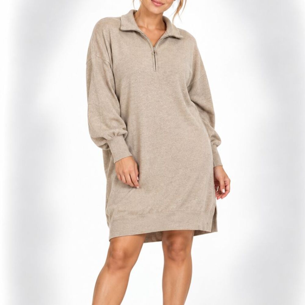Ava & Viv 2X Taupe Quarter-Zip Long Sleeve Sweater Dress Plus Size
